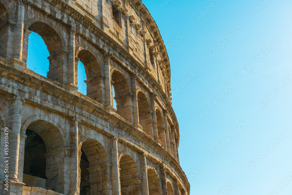 Close up view of the facade of the Colosseum, Rome