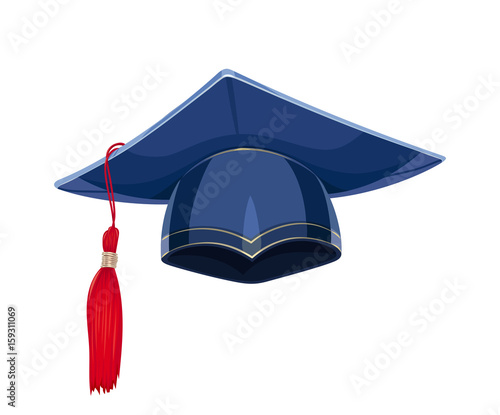 Blue academicic graduation cap. Students ceremony. Finish school.