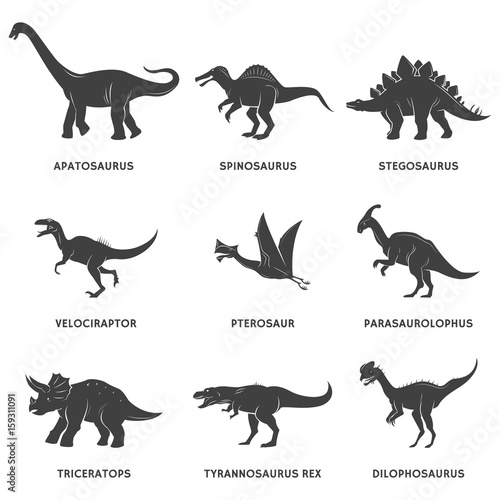 Dinosaur black silhouette set with names