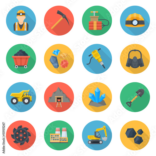 Mining icons flat style set