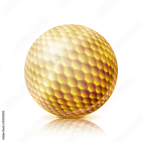 Gold Golf Ball. 3D Realistic Vector Illustration. Isolated On White Background.