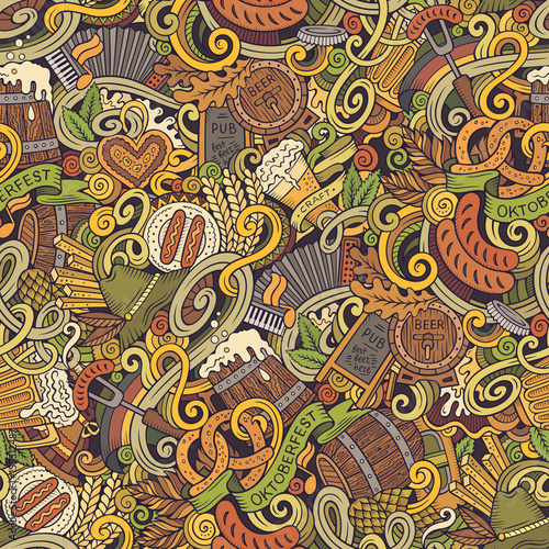Cartoon cute doodles hand drawn Octoberfest seamless pattern