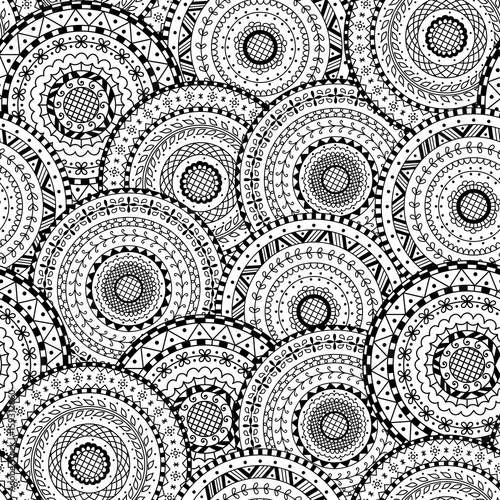 Vector seamless pattern of round abstract ethnic mandalas. Decorative background of circle mandala. Coloring page book anti stress for adult.