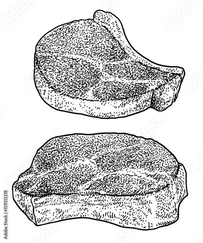 Pieces of pork meat illustration, drawing, engraving, ink, line art, vector