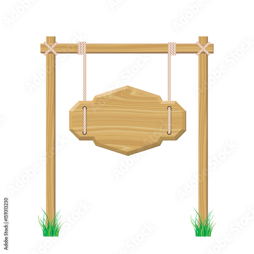 Blank wooden signboard hanging on rope. Isolated on white background.