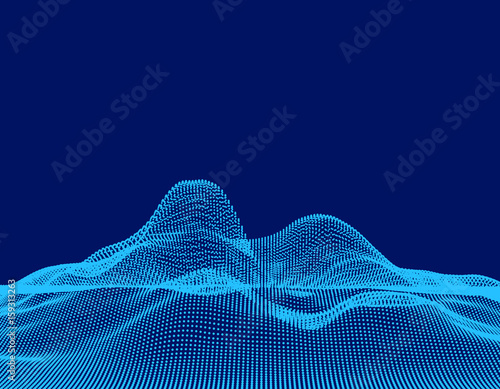 Abstract landscape. Wave surface of particles. 3d Vector illustration.