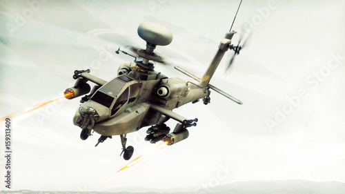 Attack Apache longbow helicopter gunship engaging a target firing its rockets. 3d rendering photo