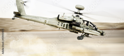 Attack Apache longbow helicopter gunship flying fast and low with dust debris in its wake. 3d rendering photo