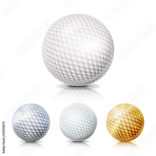 Golf Ball Set. 3D Realistic Vector Illustration. White, Gold, Gray. Isolated On White Background.