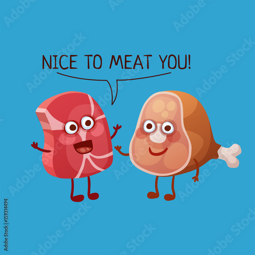 Funny meat characters. Cheerful food emoji. Cartoon vector illustration