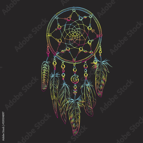 Hand drawn ornate Dreamcatcher with feathers, gemstones. Astrology, spirituality, magic symbol. Ethnic tribal element. Vector illustration
