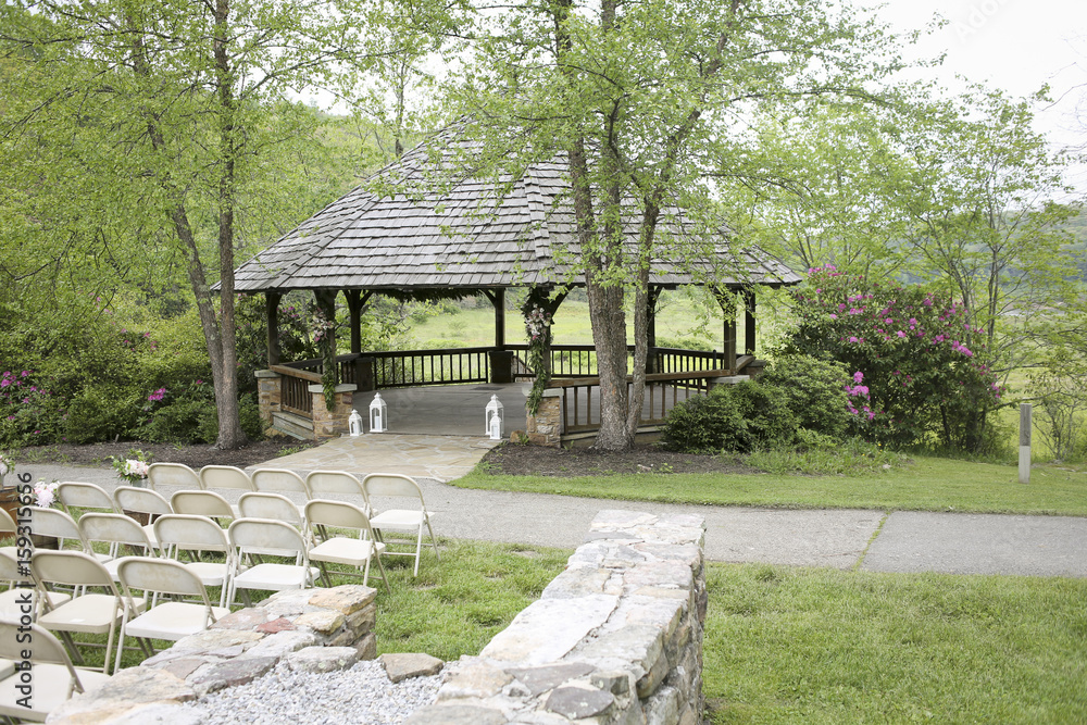 Wooden Gazebo Decorated for a Rustic Wedding Ceremony