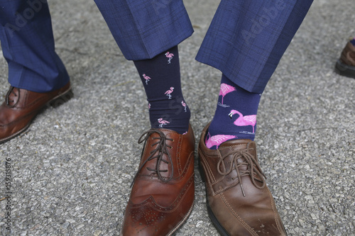 Groom and Groomsmen in Blue Suits Comparing Pink Flamingo Socks photo