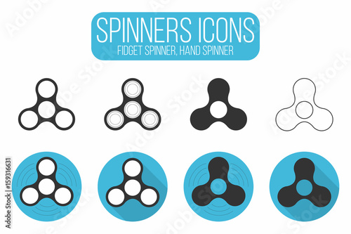 Fidget spinner icons set, hand spinners. Release mechanism for nervous energy or psychological stress. Flat and linear design