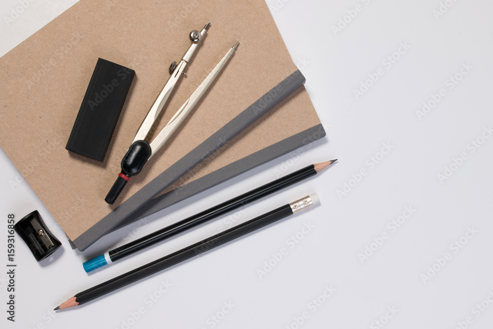 Mathematics math desk or math office supplies. Education math workplace with pen, notebook