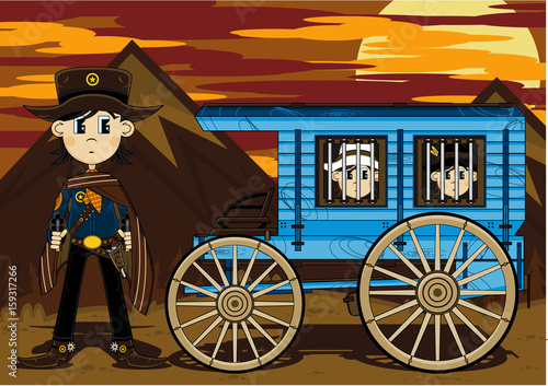 Cartoon Cowboy and Jail Wagon