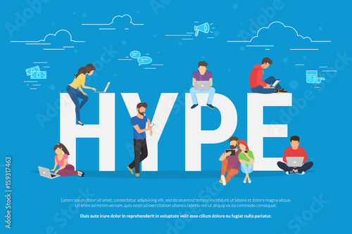 Hype concept vector illustration of young people using laptop and smartphone for following internet trends and hyping new marketing ideas. Flat design of guys and women with advertisiments symbols