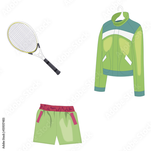 Sports clothes and a racket for playing tennis. Vector illustration. Isolated on white background.