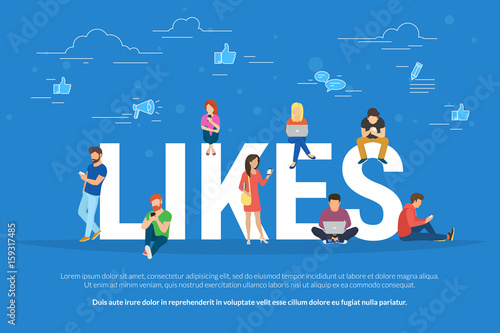 Flat vector concept illustration of young people using mobile gadgets such as laptop, tablet pc and smartphone for social networking, reading news and publishing images for likes.