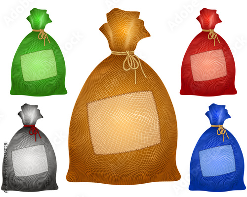 A filled bag is tied with a rope; Textile patch is sewn on a sack from burlap; Vector set of icons of color sacs in realistic drawing style with copy space on a fabric flap