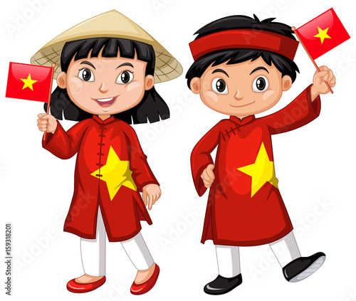 Vietnamese girl and boy in red costume