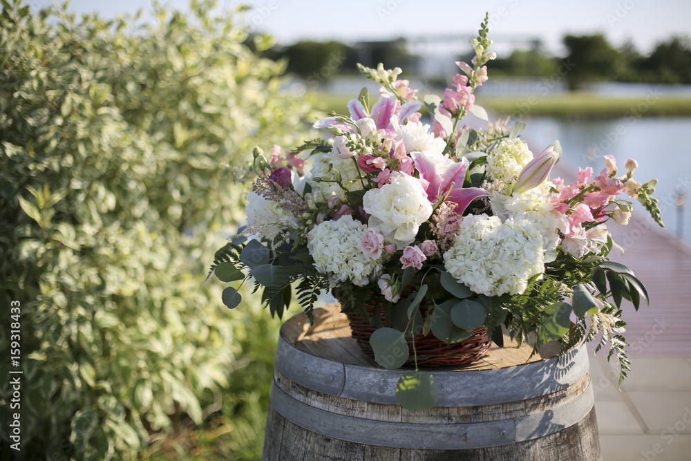 Pink, White, and Green Wedding Ceremony Flower Arrangement Decor