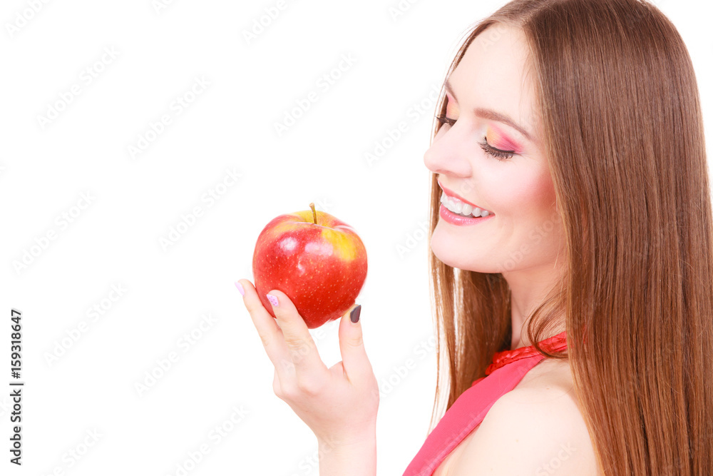 Woman charming girl colorful makeup holds apple fruit Woman charming girl colorful makeup holds apple fruit