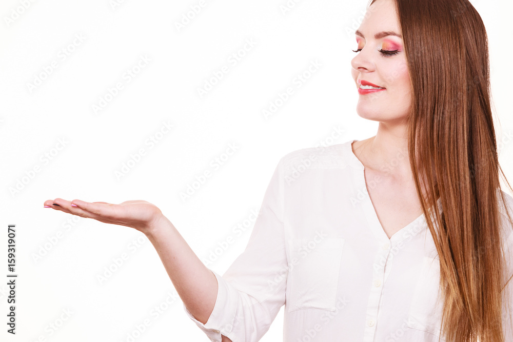 Woman holds empty hand copy space for product Woman holds empty hand copy space for product