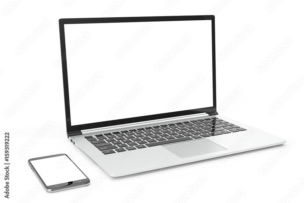 Desktop computer blank mock up. Glossy laptop computer mock up. Modern computer mock up. Perfectly detailed smartphone mock up near computer blank, 3D Rendering Desktop computer blank mock up. Glossy laptop computer mock up. Modern computer mock up. Perfectly detailed smartphone mock up near computer blank, 3D Rendering