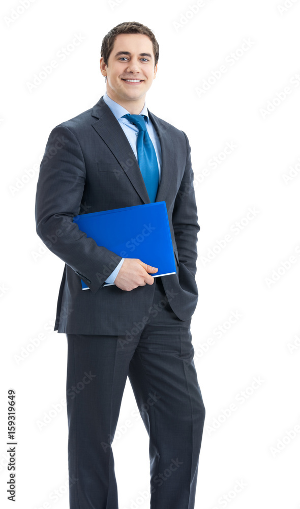 Business man with folder, on white