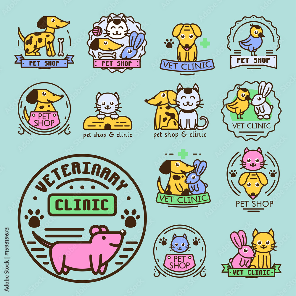 Fototapeta premium Pet badge vector graphic sticker set domestic insignia cat dog veterinary animal sticker illustration