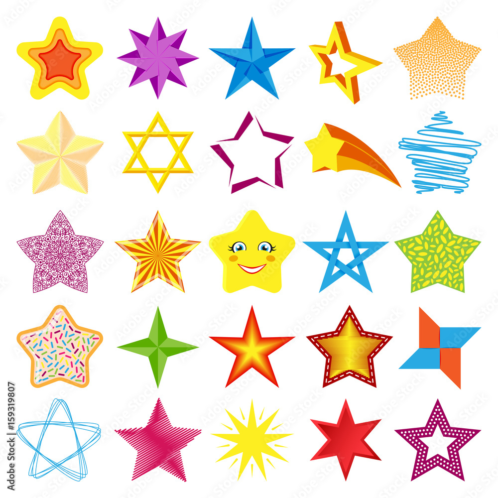 Different style shape silhouette shiny star icons collection vector illustration Different style shape silhouette shiny star icons collection vector illustration