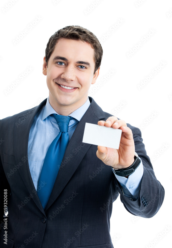 Businessman showing blank business card, isolated Businessman showing blank business card, isolated