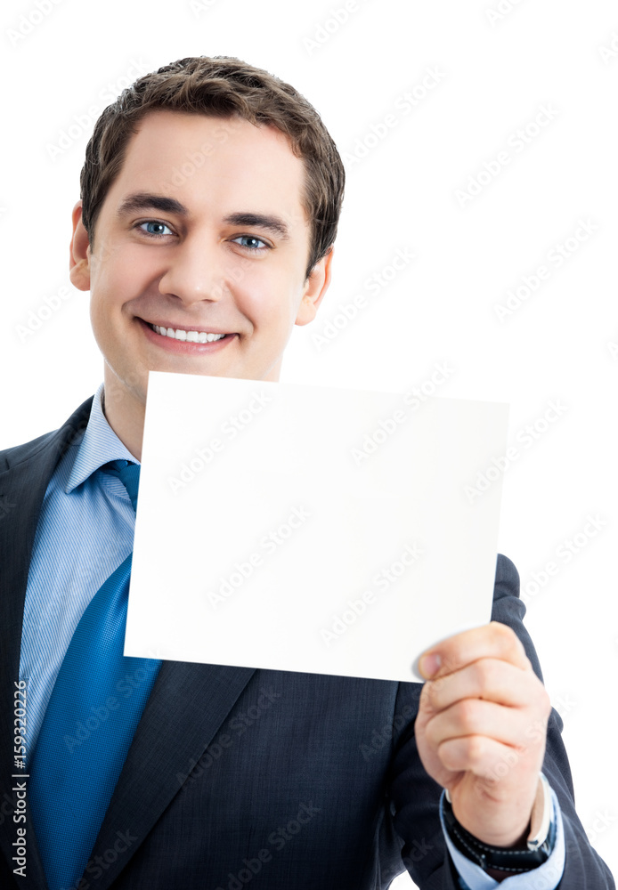 Businessman showing blank signboard, isolated Businessman showing blank signboard, isolated
