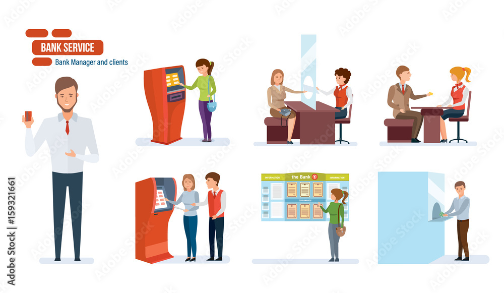 Bank, finance, clients, people working in office, financial advisor, cashiers. Bank, finance, clients, people working in office, financial advisor, cashiers.