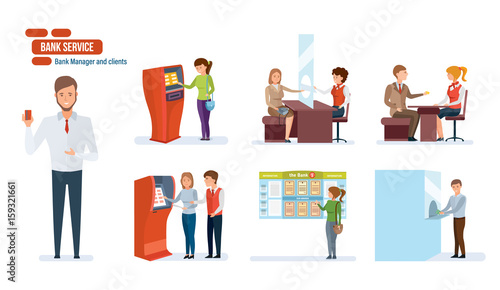 Bank, finance, clients, people working in office, financial advisor, cashiers.