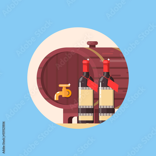 Wine barrel with bottle of wine isolated in circle. Vector illustration photo