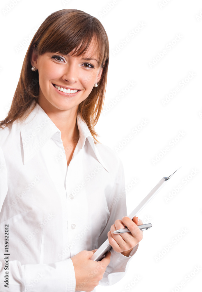 Businesswoman with blue folder, isolated Businesswoman with blue folder, isolated