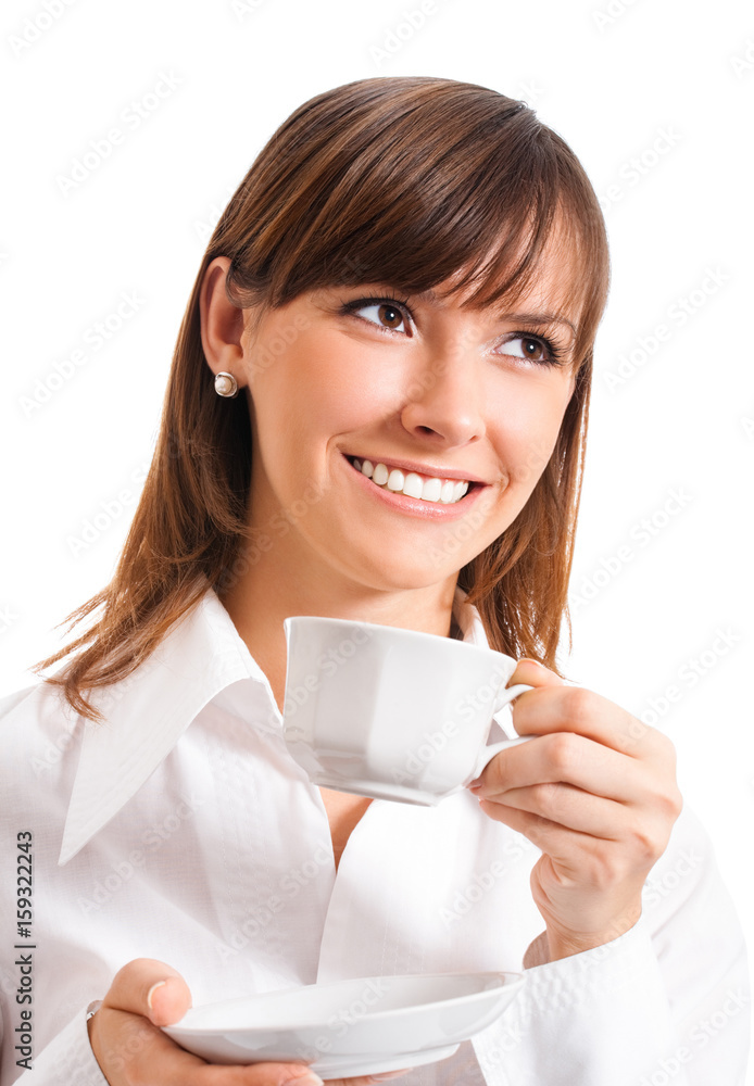 Business woman drinking coffee, isolated Business woman drinking coffee, isolated