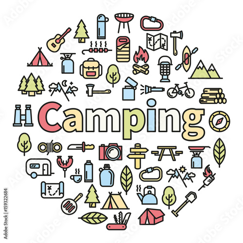 Camping word with icons - vector illustration