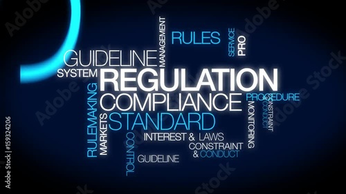 regulation compliance standard rules market protection regulate law constraint policy guideline regulations conduct procedure finance words tag cloud white text blue background photo