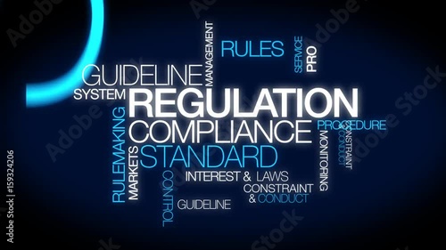 regulation compliance standard rules market protection regulate law constraint policy guideline regulations conduct procedure finance words tag cloud white text blue background