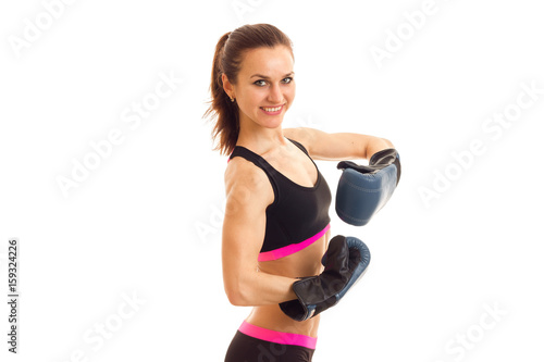 horizontal portrait pretty joyful athlete in boxing gloves