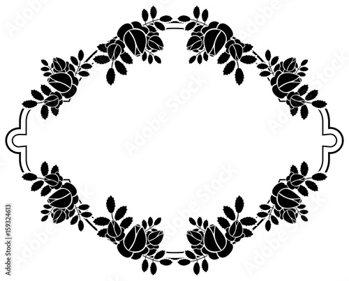 Black and white round frame with stylized roses silhouettes. Vector clip art.