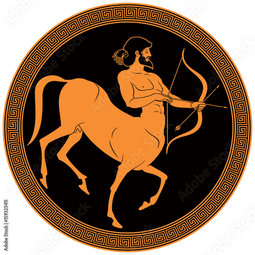 Centaur archer hunting, half horse half man character of Ancient Greek mythology shooting a bow and arrows, Sagittarius astrological sign illustration in Ancient Greece red figure vase painting style photo