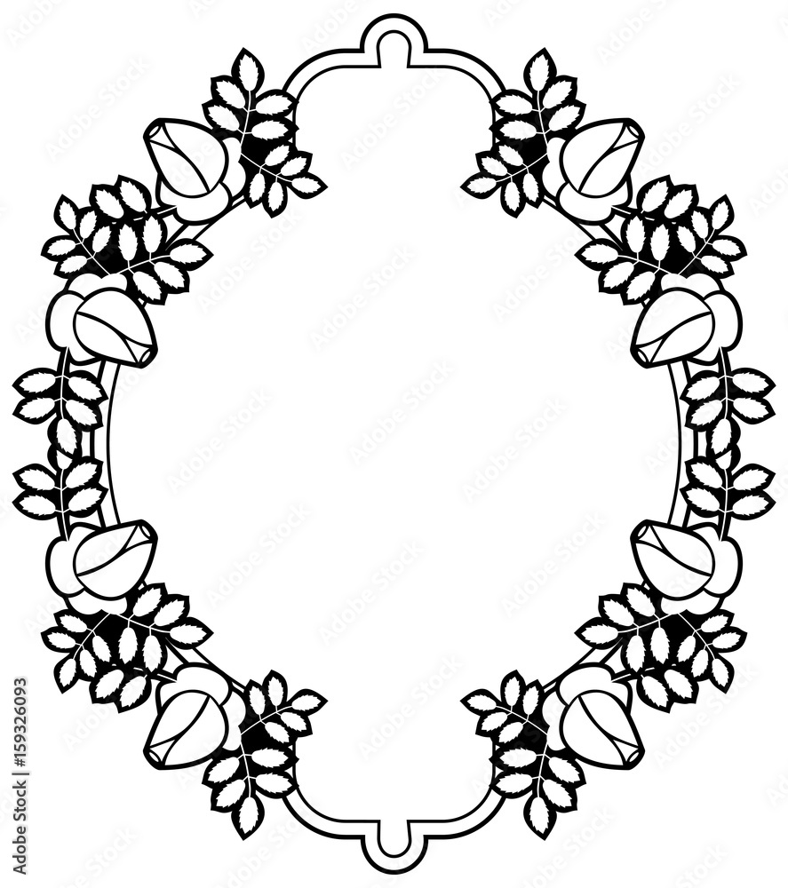 Black and white round frame with stylized roses silhouettes. Vector clip art. Black and white round frame with stylized roses silhouettes. Vector clip art.