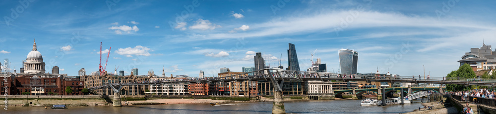 London skyline panorama with Millenium bridge seen from Thames