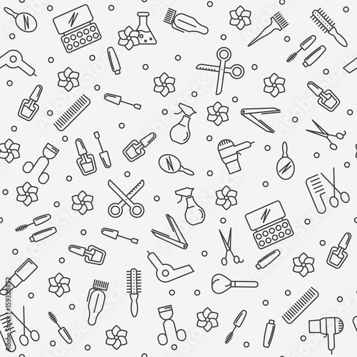 Hair salon and beauty seamless pattern with thin line icons. Vector illustration.