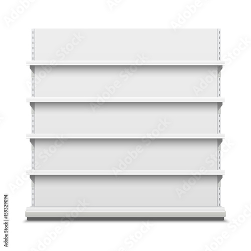 White empty vector store shelves. Showcase display. Retail shelf rack. 