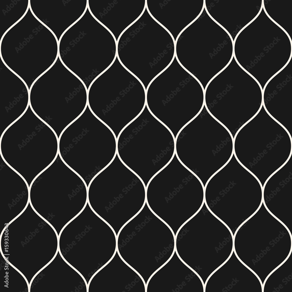 Fototapeta premium Vector seamless pattern, thin vertical wavy lines. Texture of mesh, fishnet, lace, weaving, smooth grid. Subtle dark monochrome geometric background. Design for prints, decor, fabric, covers, textile